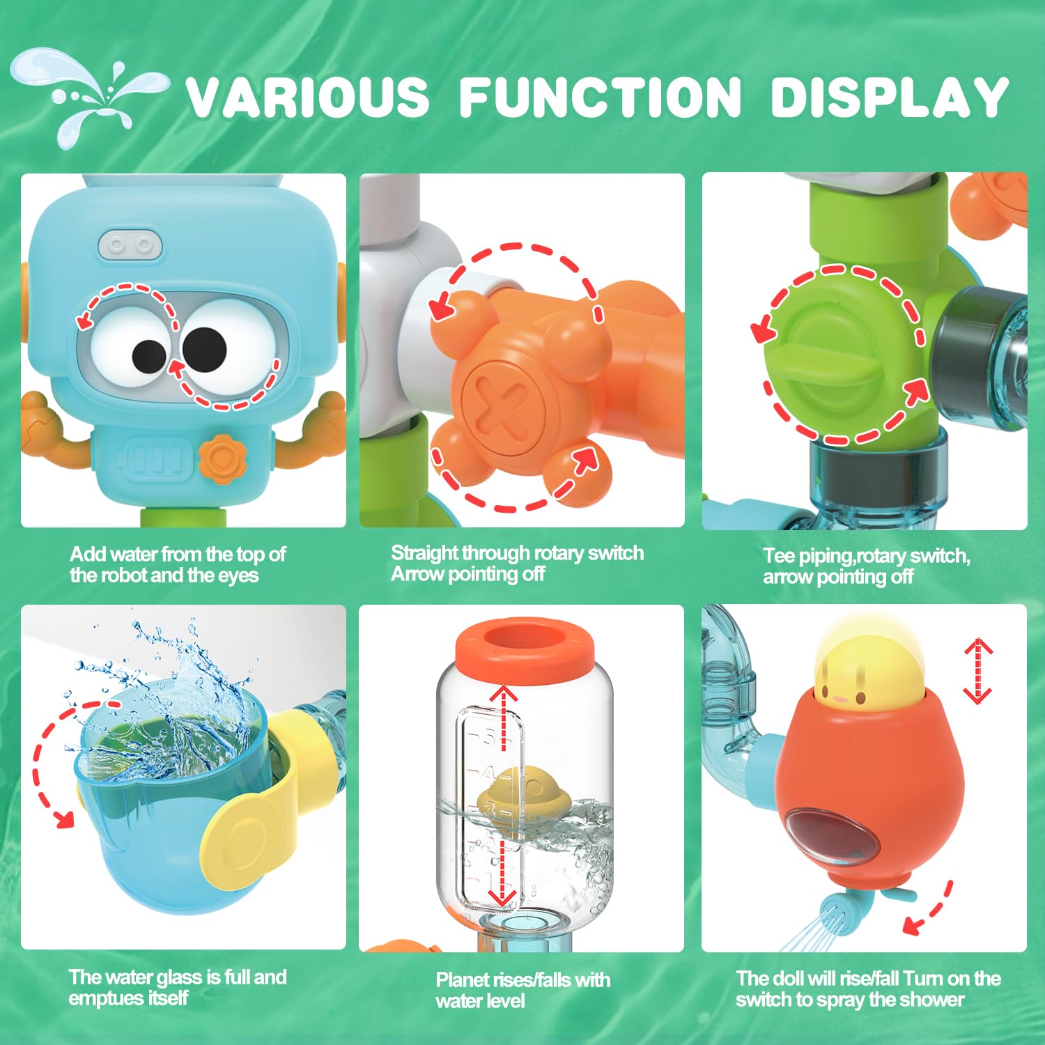 AMCHSURI bath toy water-flow demo highlights cause-and-effect exploration in the tub.