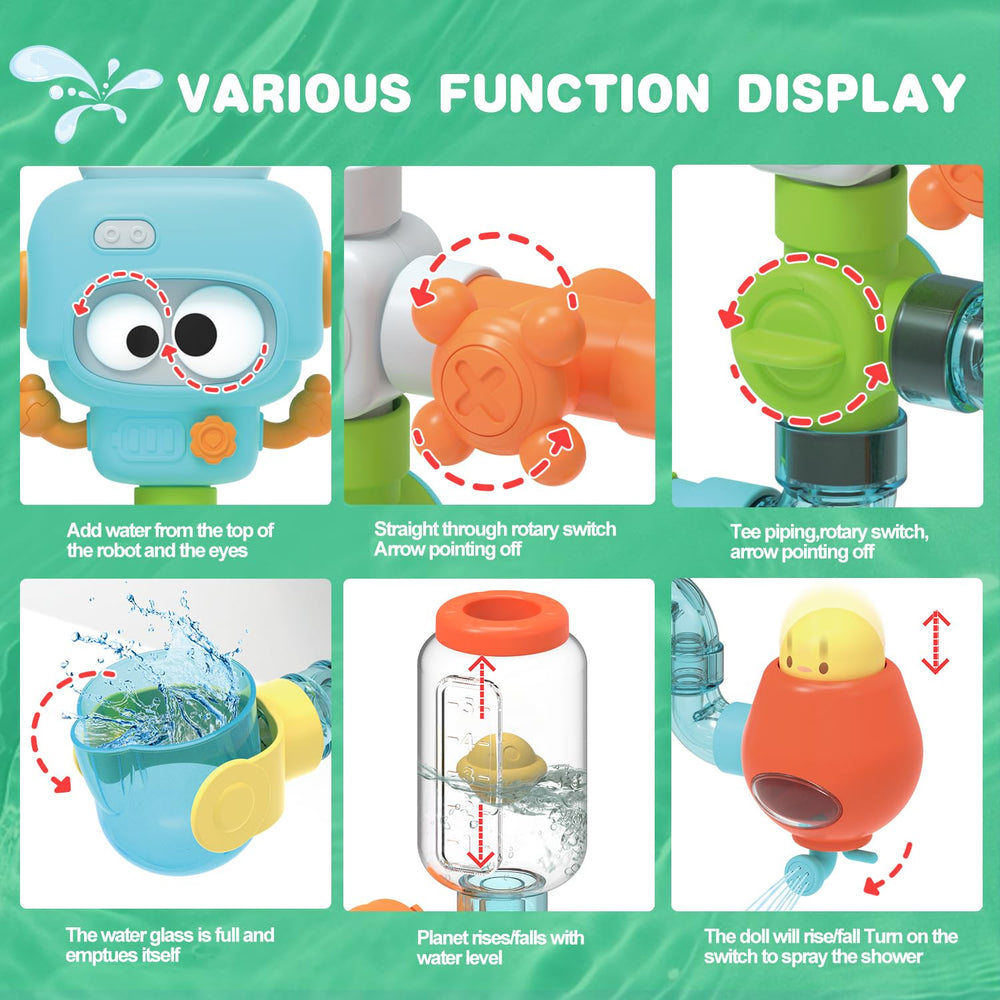 AMCHSURI bath toy water-flow demo highlights cause-and-effect exploration in the tub.