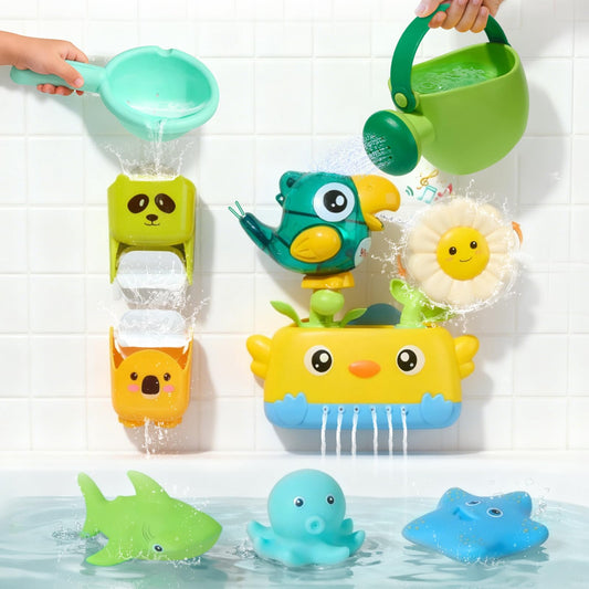 AMCHSURI bird toy with suction cups for wall-mounted baby bath fun and spray play.