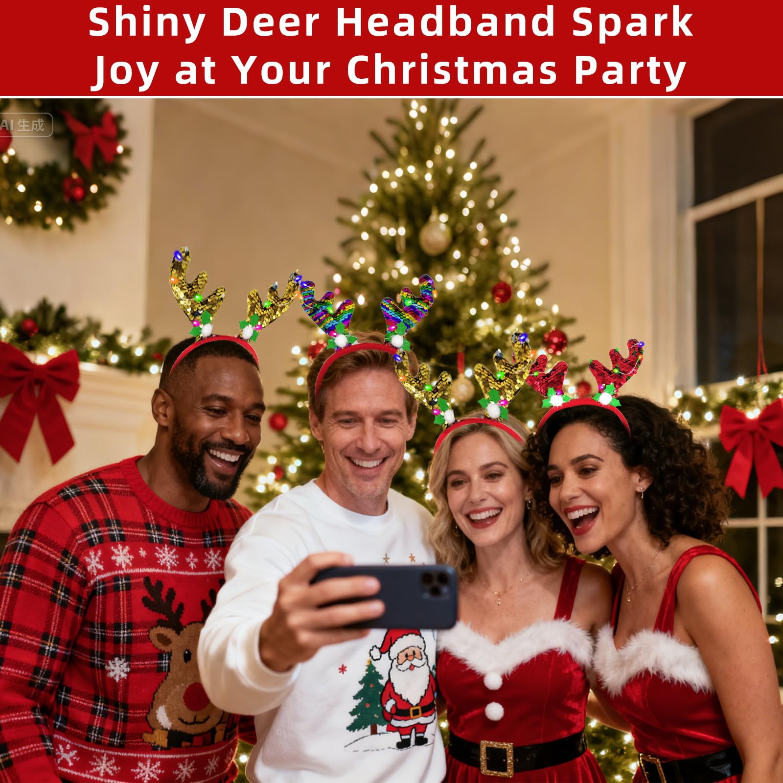AMENON 3-pack LED Reindeer Headband with gold sequin antlers adds festive shine for photos.