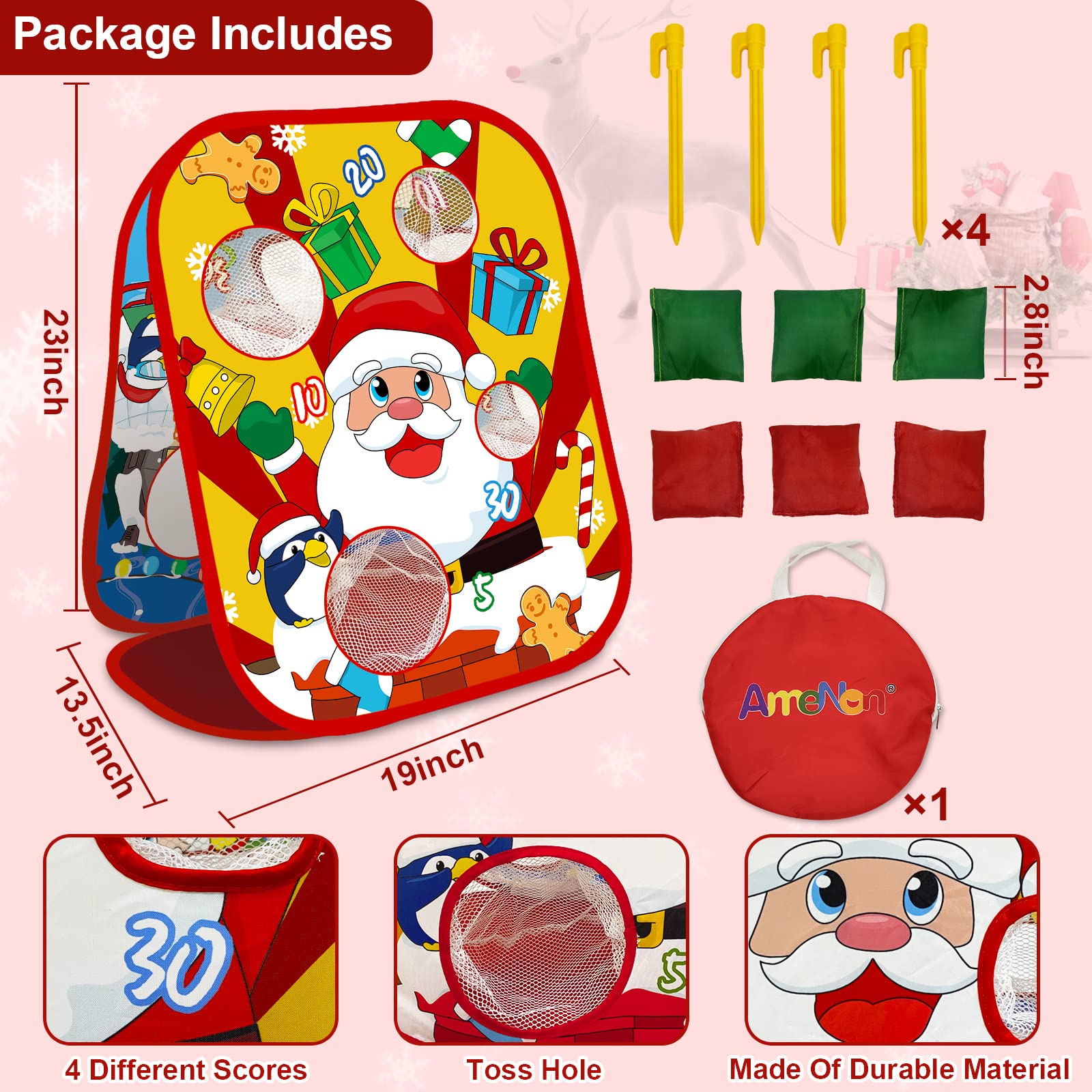 AMENON Christmas pattern on board with Santa and gifts boosts festive vibes.