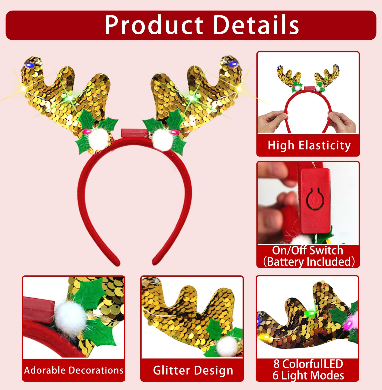 AMENON glitter headbands with jingle bells boost festive mood at gatherings.
