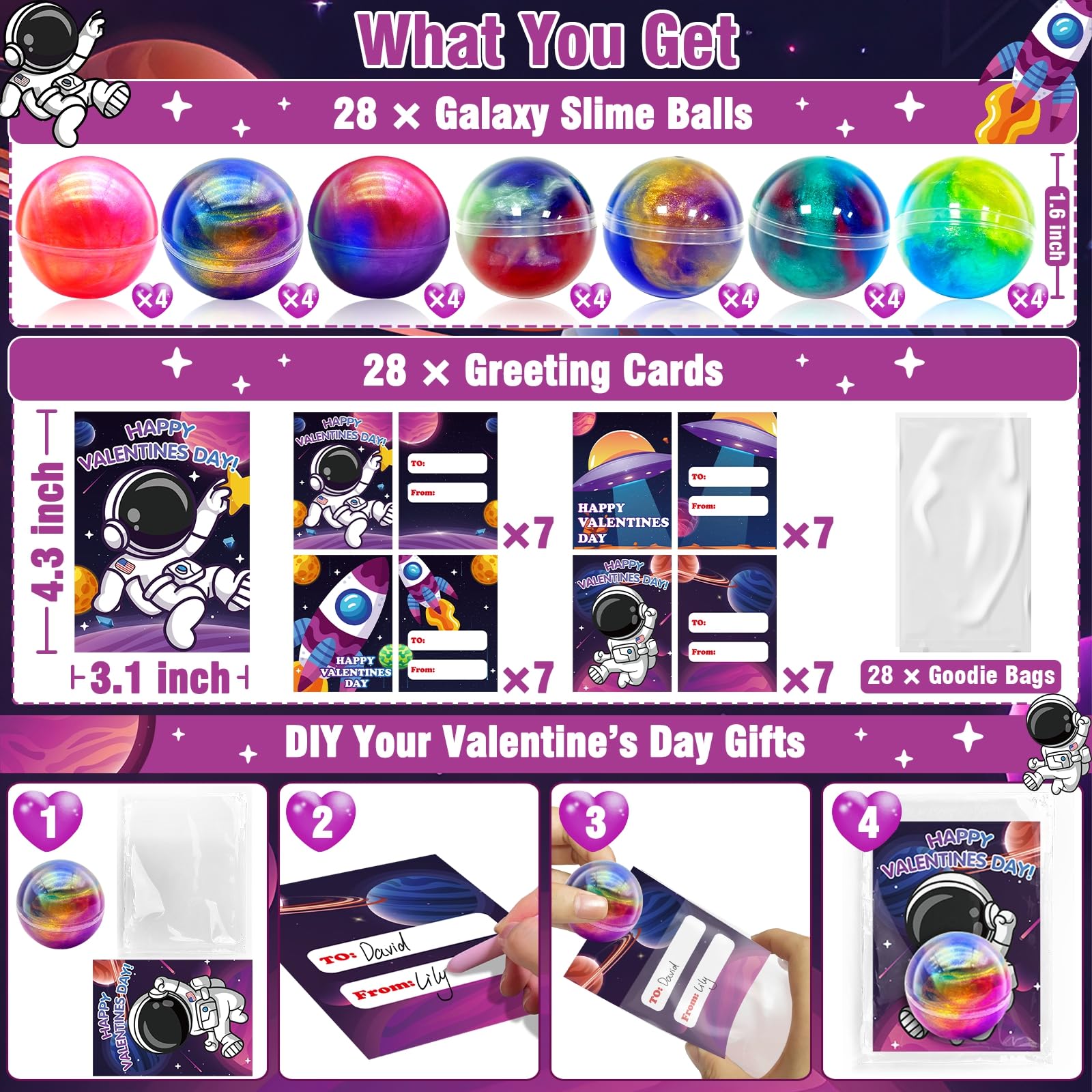 AMENON space-themed valentines cards in four designs for kids