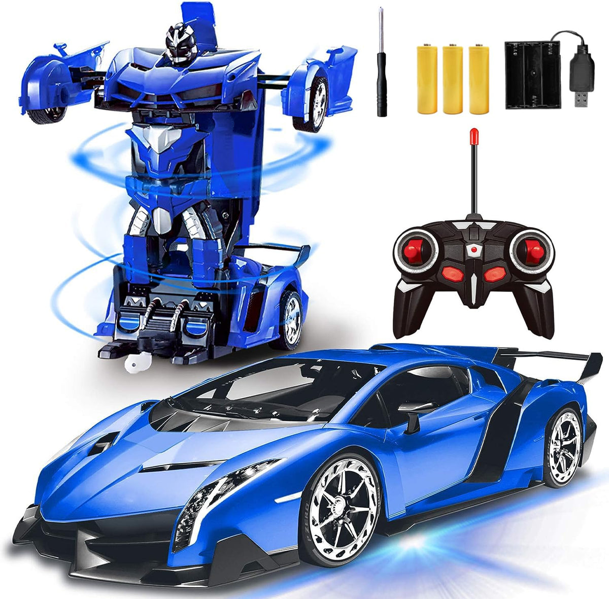 AMENON Transform RC car in robot mode with blue lights for immersive play