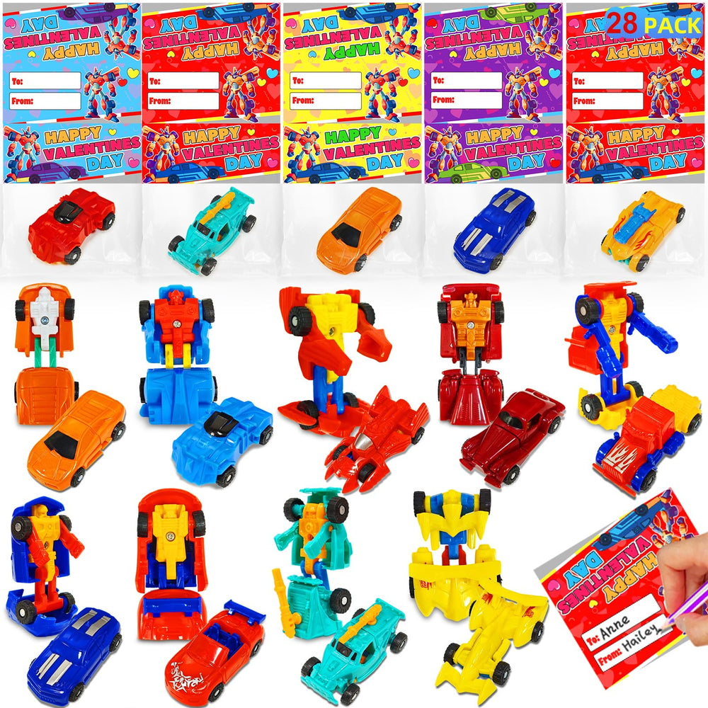 AMENON transforming car robot toys 28-pack for classroom gift exchanges.