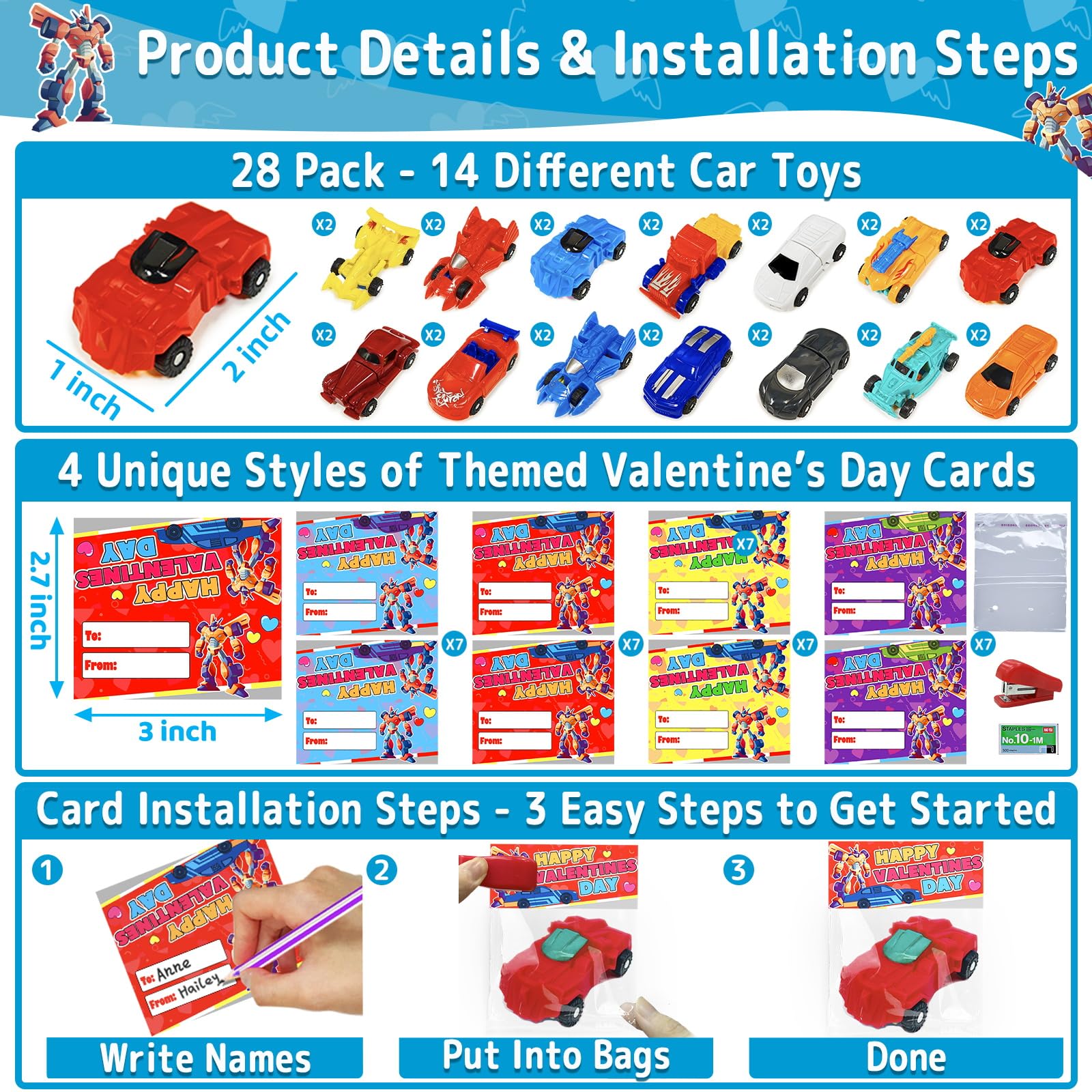AMENON valentines cards for kids with car toys—easy party favors.