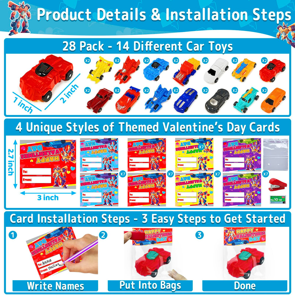 AMENON valentines cards for kids with car toys—easy party favors.