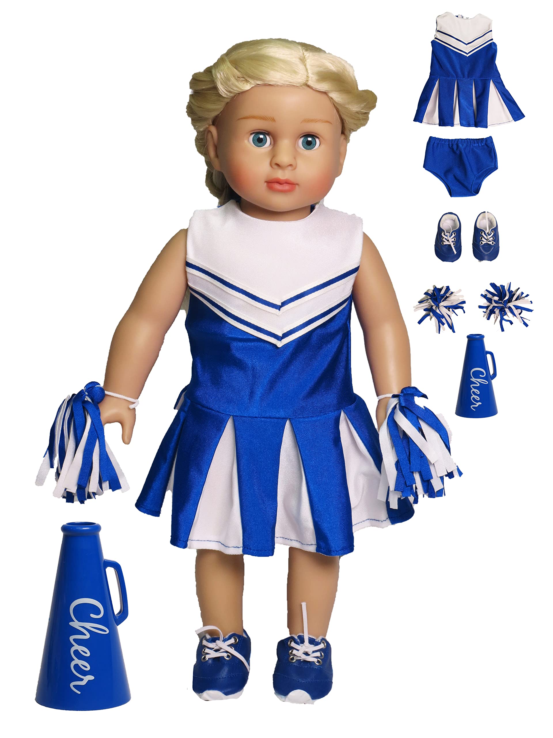 American Fashion World blue cheerleading outfit for 18-inch dolls in vibrant color