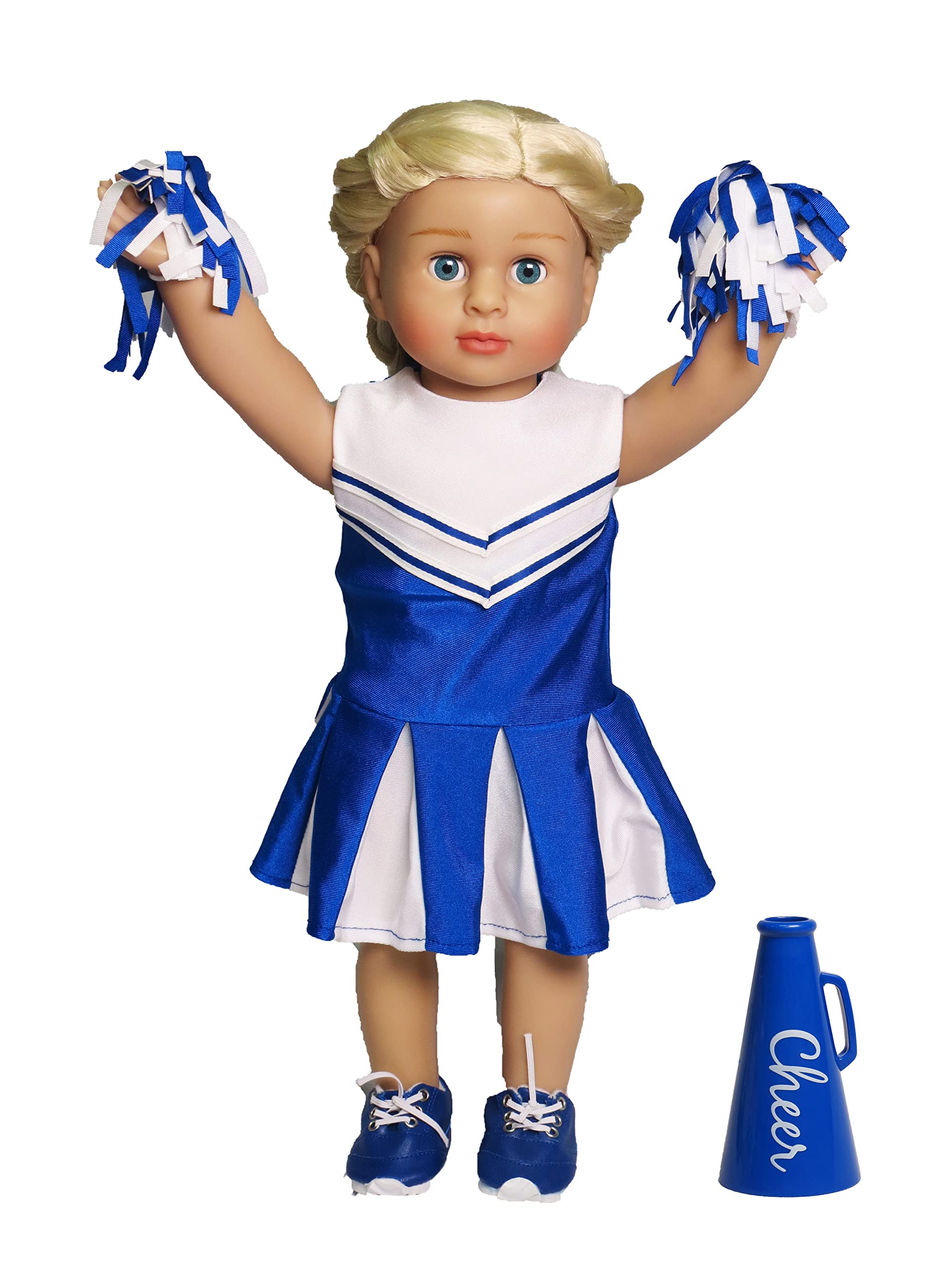 Close-up of detailed stitching on the blue doll outfit