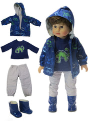 American Fashion World dinosaur raincoat on an 18-inch doll for weather-ready play