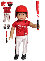 American Fashion World red baseball uniform on an 18-inch doll, front view showing durable fabric