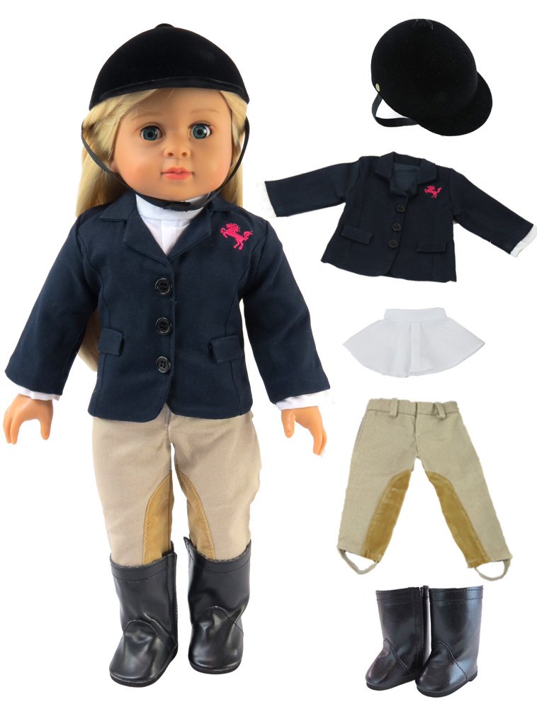 American Fashion World riding outfit for 18-inch doll with helmet boosts authentic riding play.