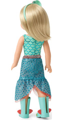 Camille doll blue leotard close-up highlighting mermaid-inspired playtime.