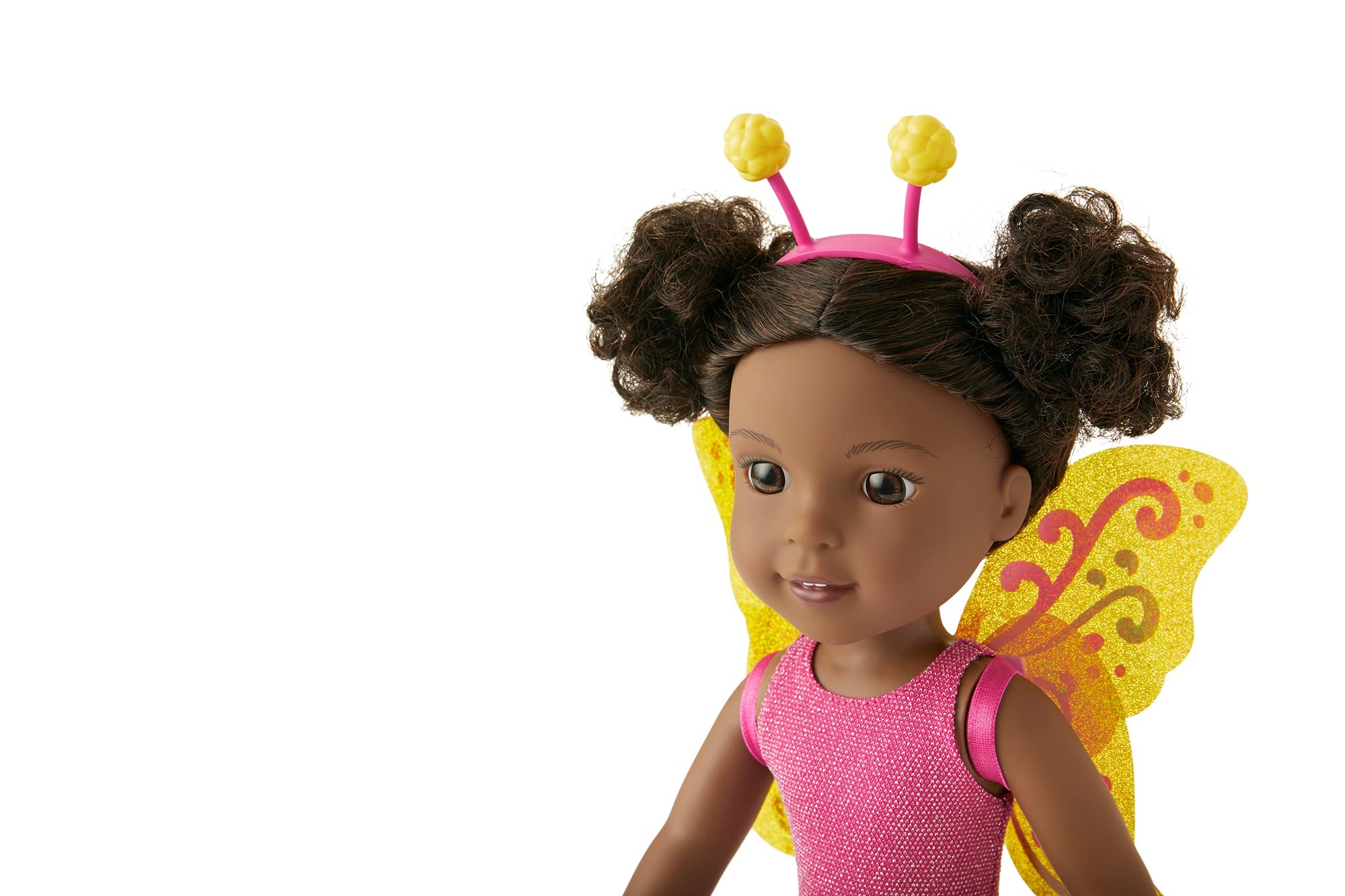 Butterfly headband with antennae and yellow glitter wings enhances Kendall's outfits.