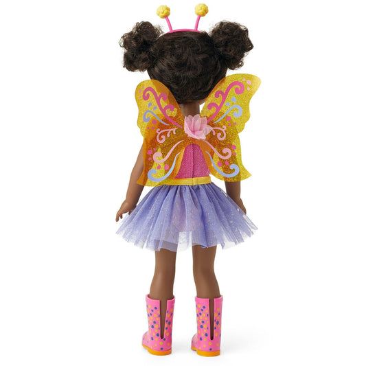 Kendall doll wearing periwinkle glitter mesh skirt for storytelling and pretend art.