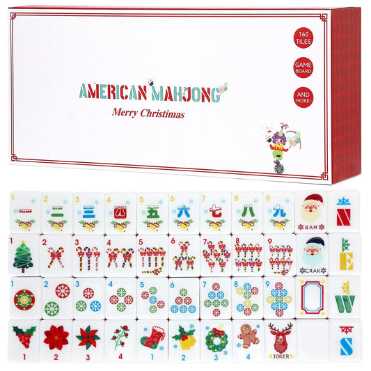 American Mahjong tile set with Christmas theme and carrying bag for easy travel.