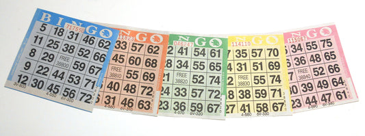 American Games bingo paper cards in a five color padded book for quick, organized gameplay.