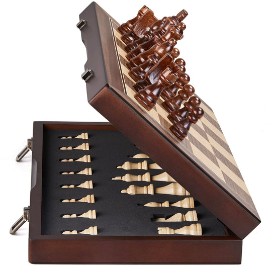 AMEROUS 15-inch magnetic wooden chess board folds for easy travel and play
