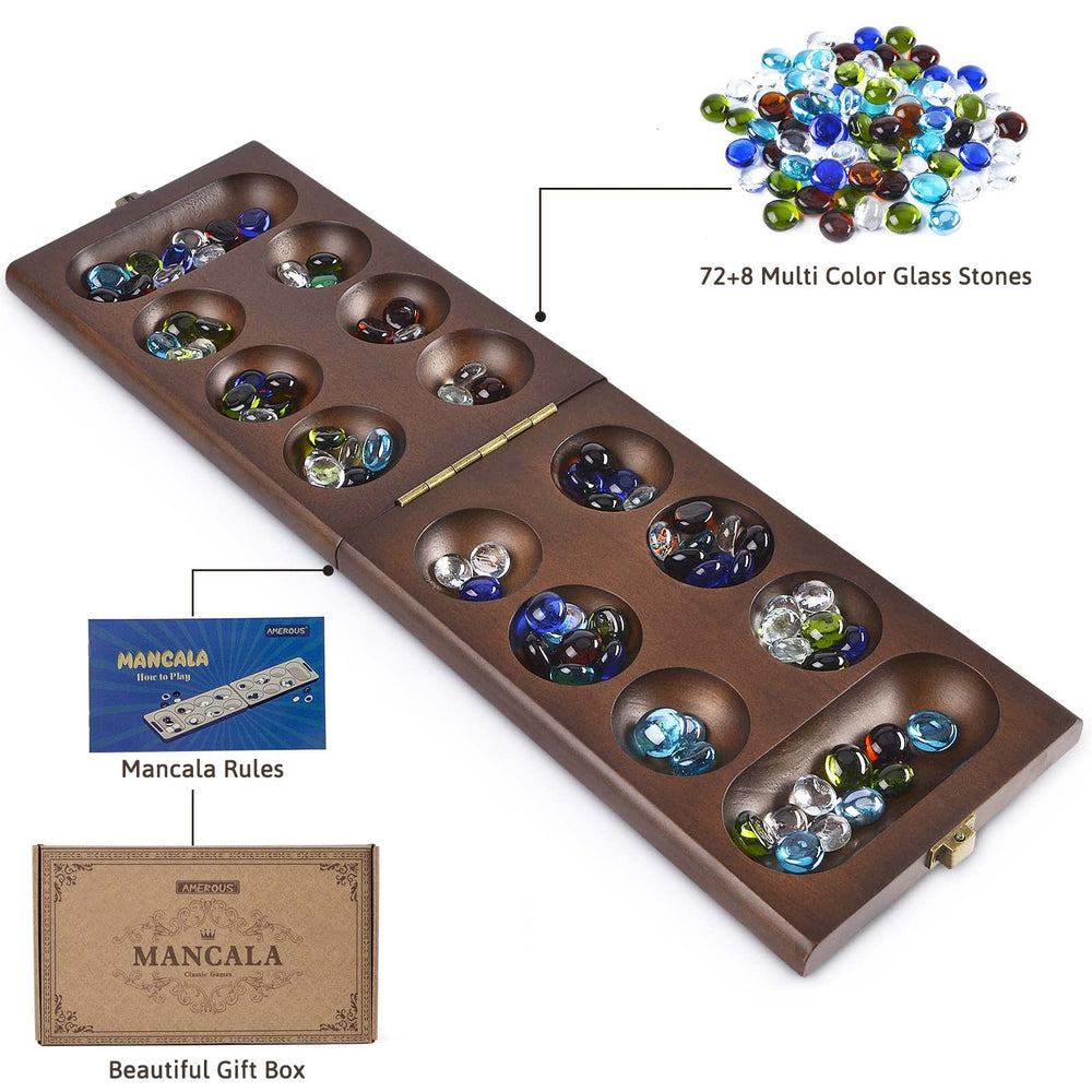 AMEROUS Mancala board side view emphasizes durable rubber wood construction and hinge.