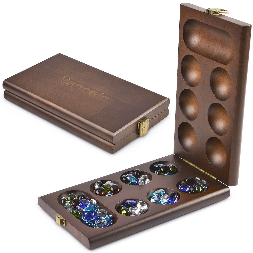 AMEROUS Mancala board wooden folding shown for easy transport and storage.