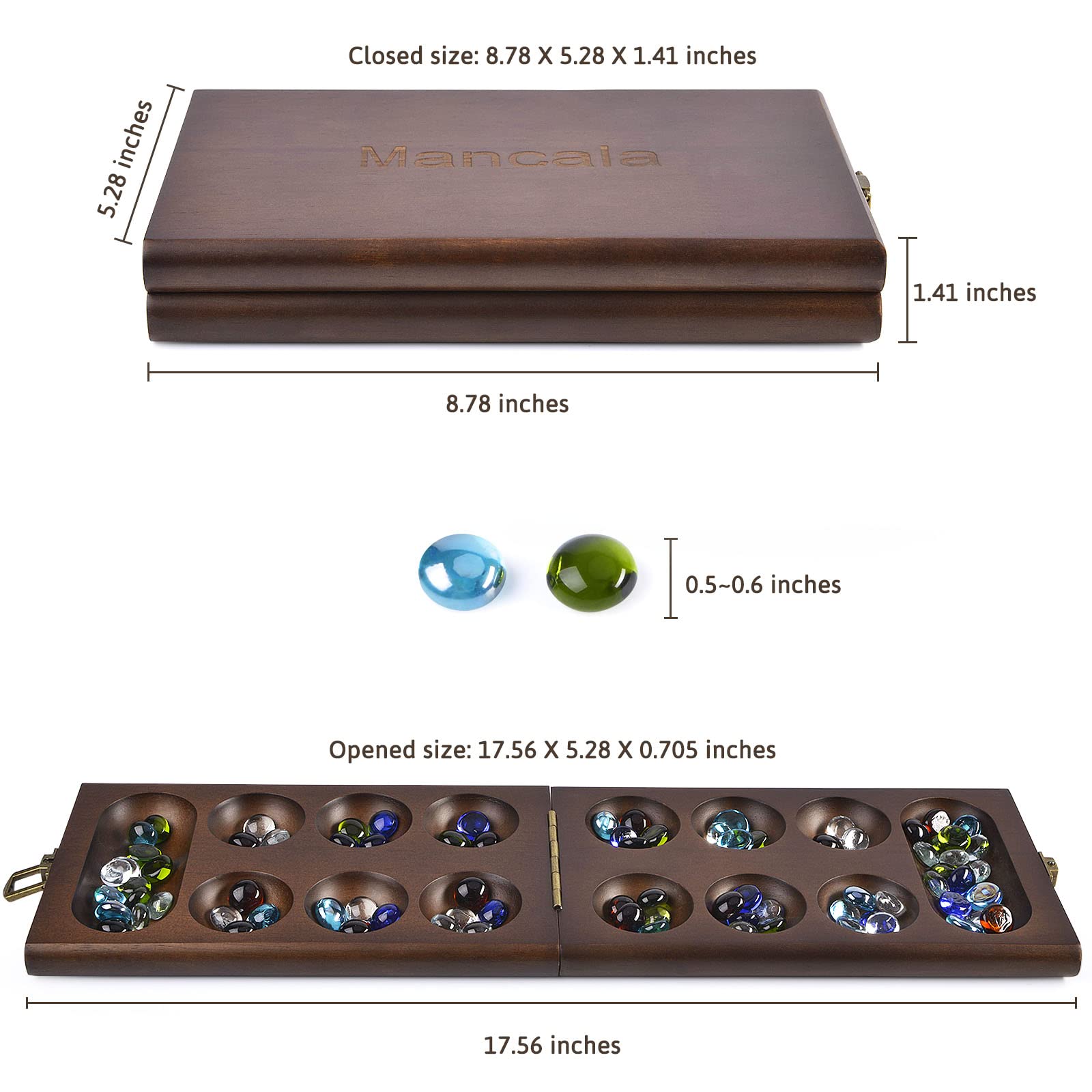 AMEROUS folding Mancala board open, showing the 12-hole layout for play.