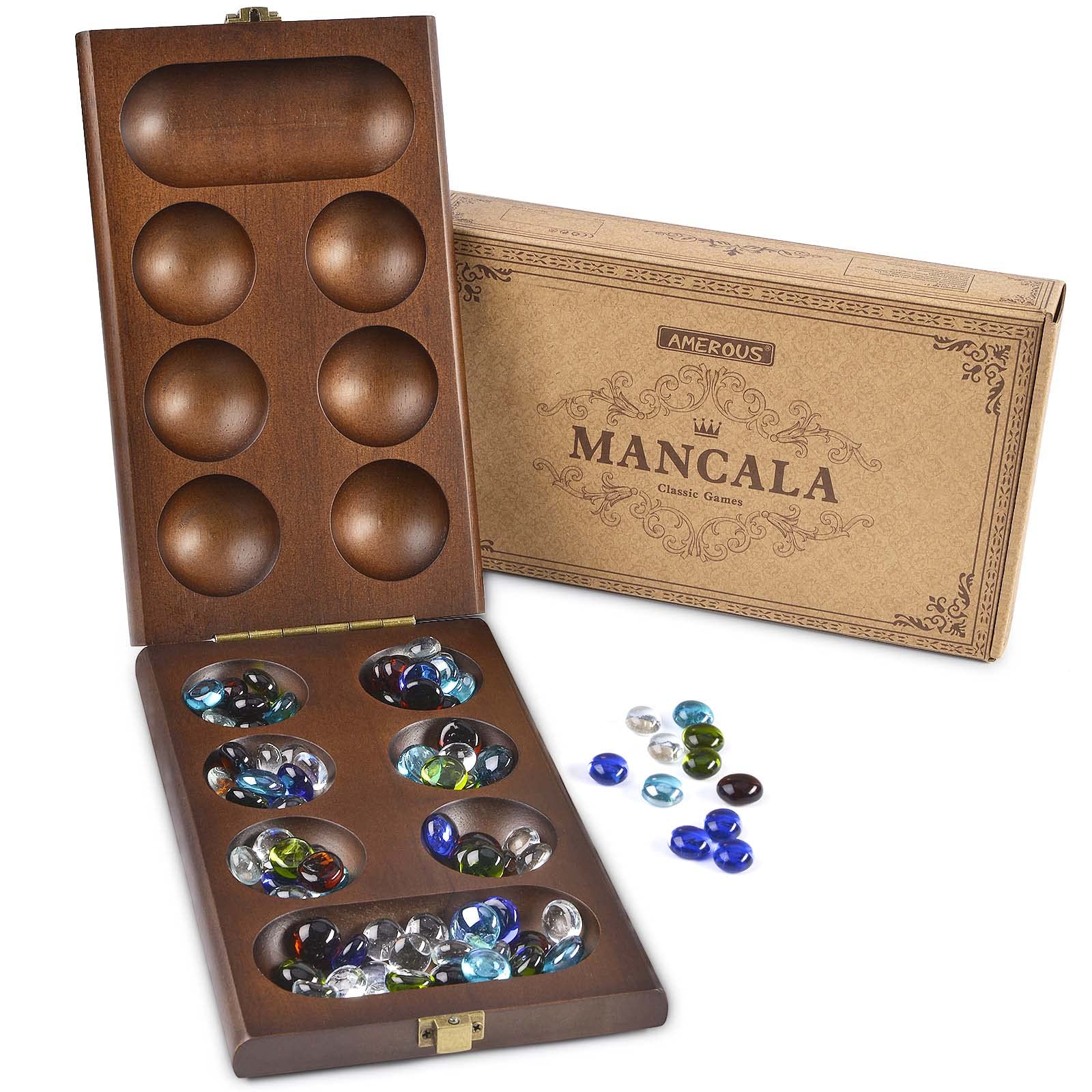 AMEROUS Mancala packaging presented as a gift-ready board game set.