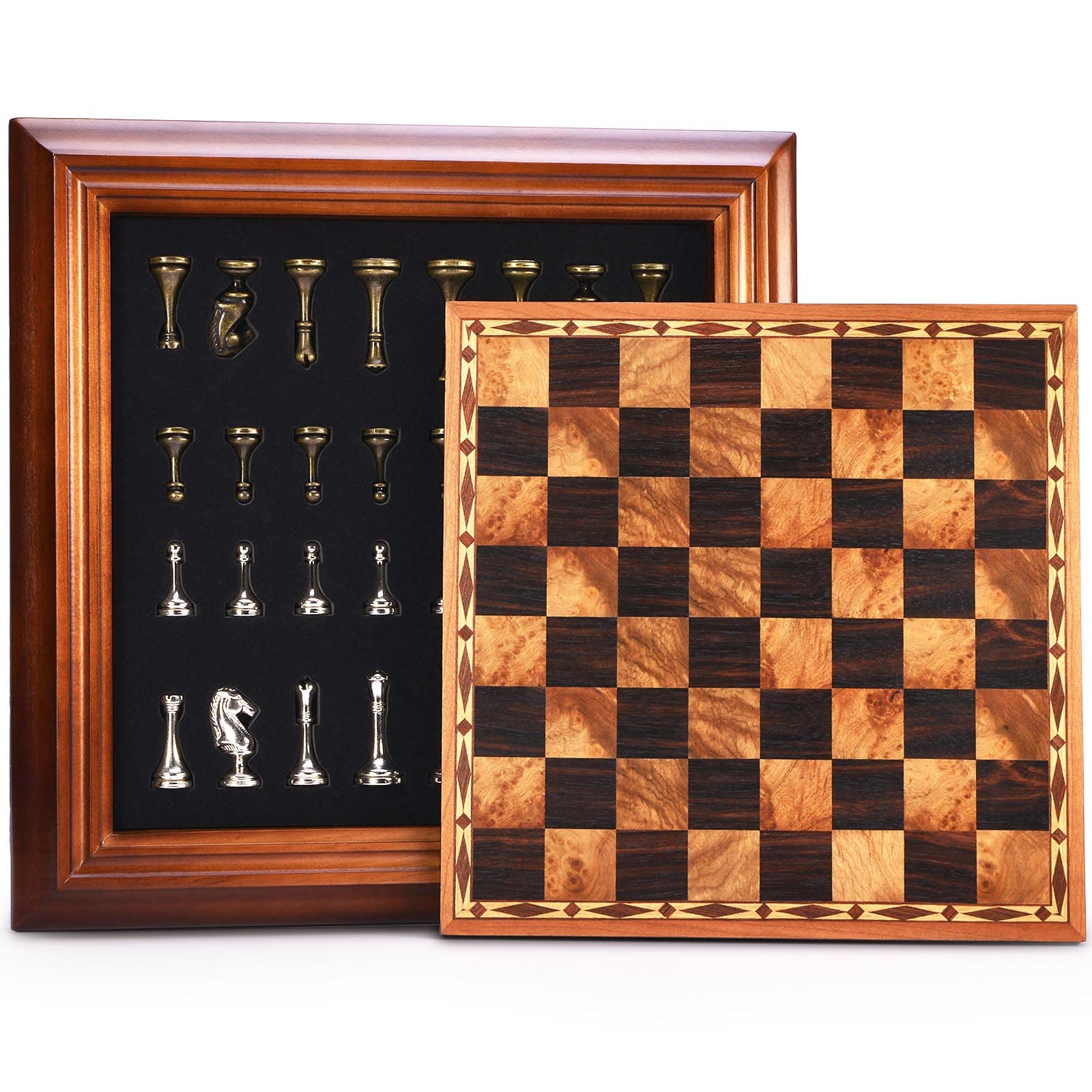 AMEROUS 14-inch wooden chess board with metal pieces for stability and style.