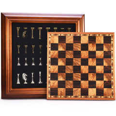 AMEROUS 14-inch wooden chess board with metal pieces for stability and style.