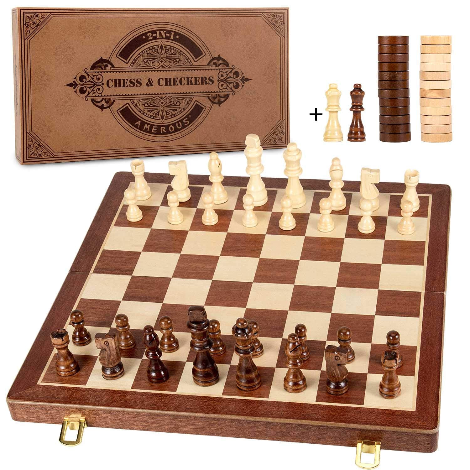 AMEROUS 15-inch folding magnetic chess board for travel and home use.