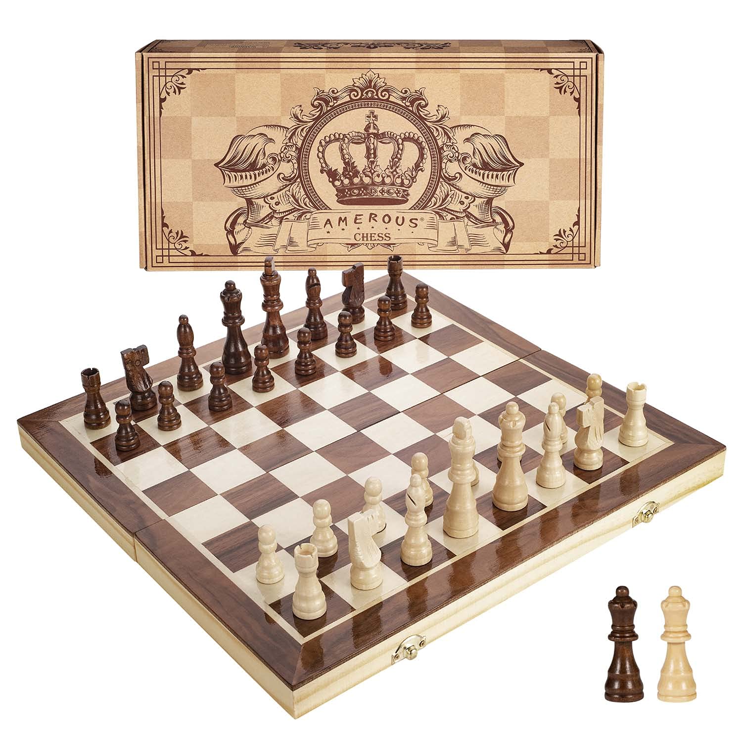 AMEROUS 15-inch magnetic wooden chess set with folding board for travel-friendly play.