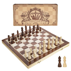 AMEROUS 15-inch magnetic wooden chess set with folding board for travel-friendly play.