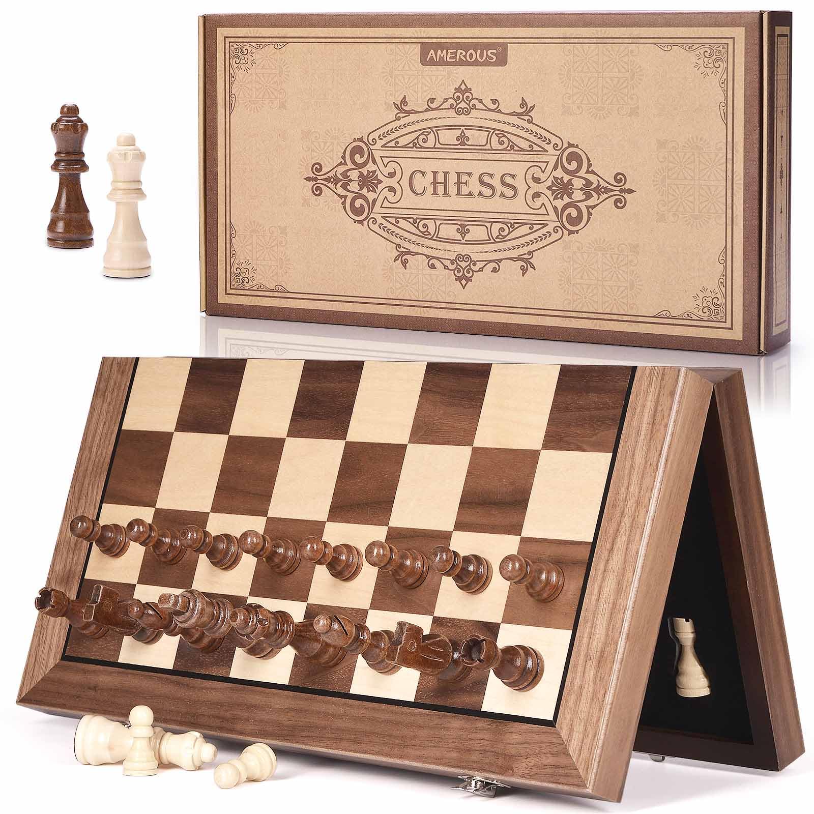 AMEROUS 15-inch magnetic wooden chess board with sturdy surface for steady play