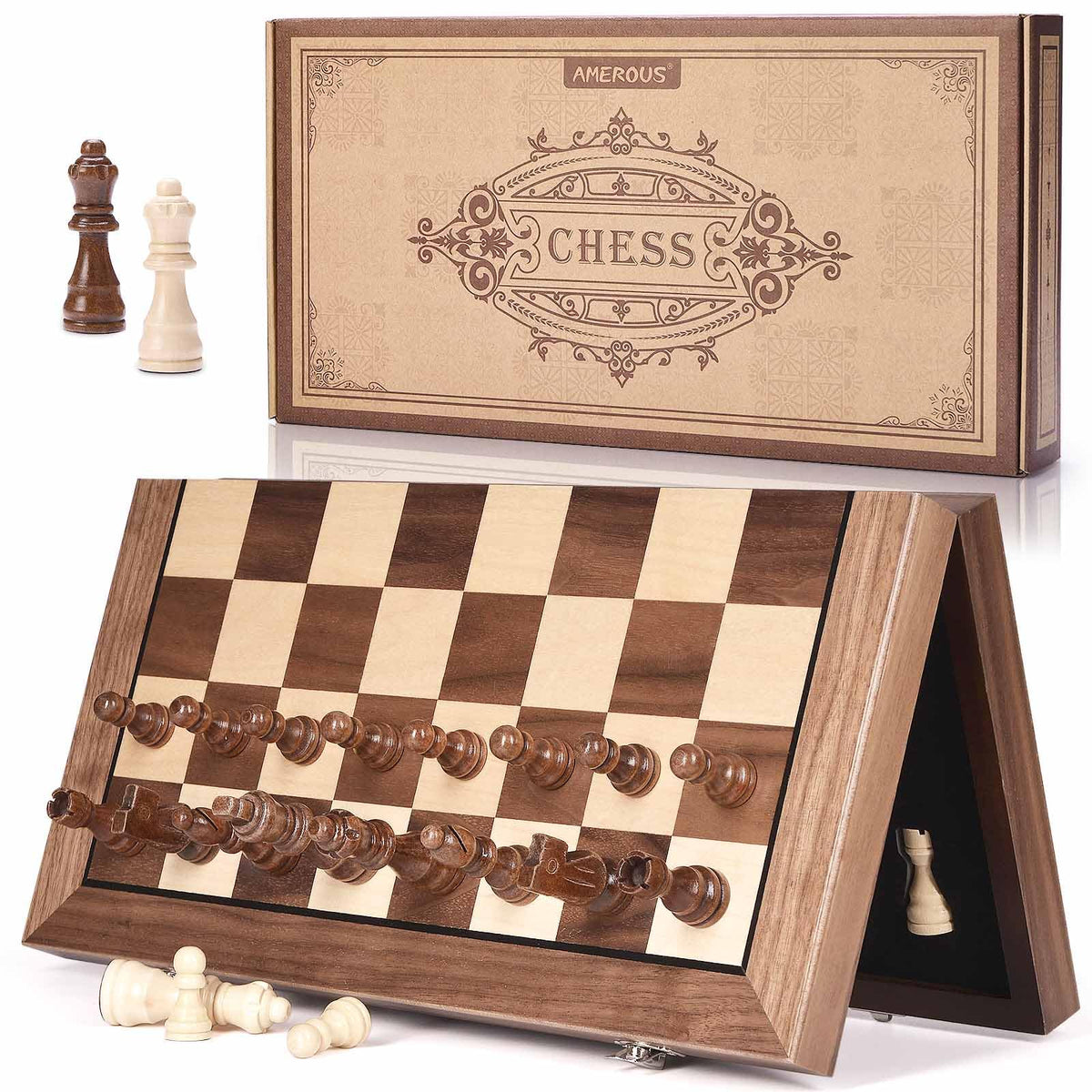 AMEROUS 15-inch magnetic wooden chess board with sturdy surface for steady play