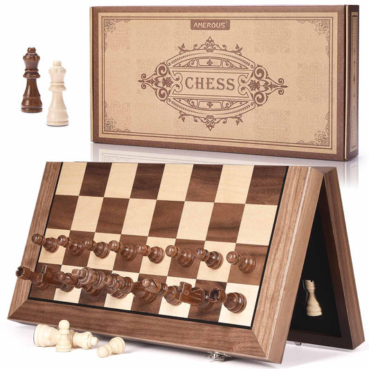AMEROUS 15-inch magnetic wooden chess board with sturdy surface for steady play