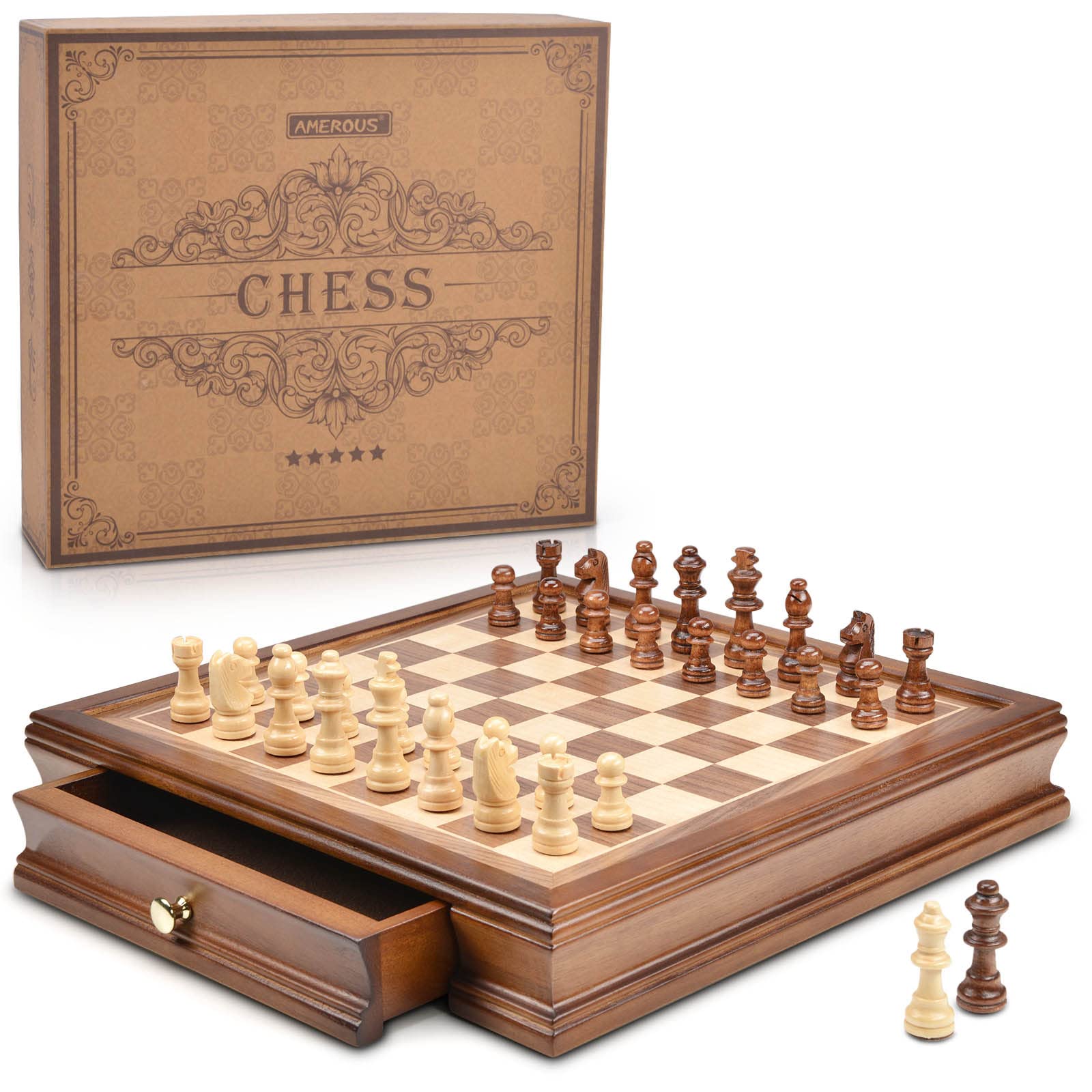 AMEROUS chess board top view with wooden finish for strategic play.