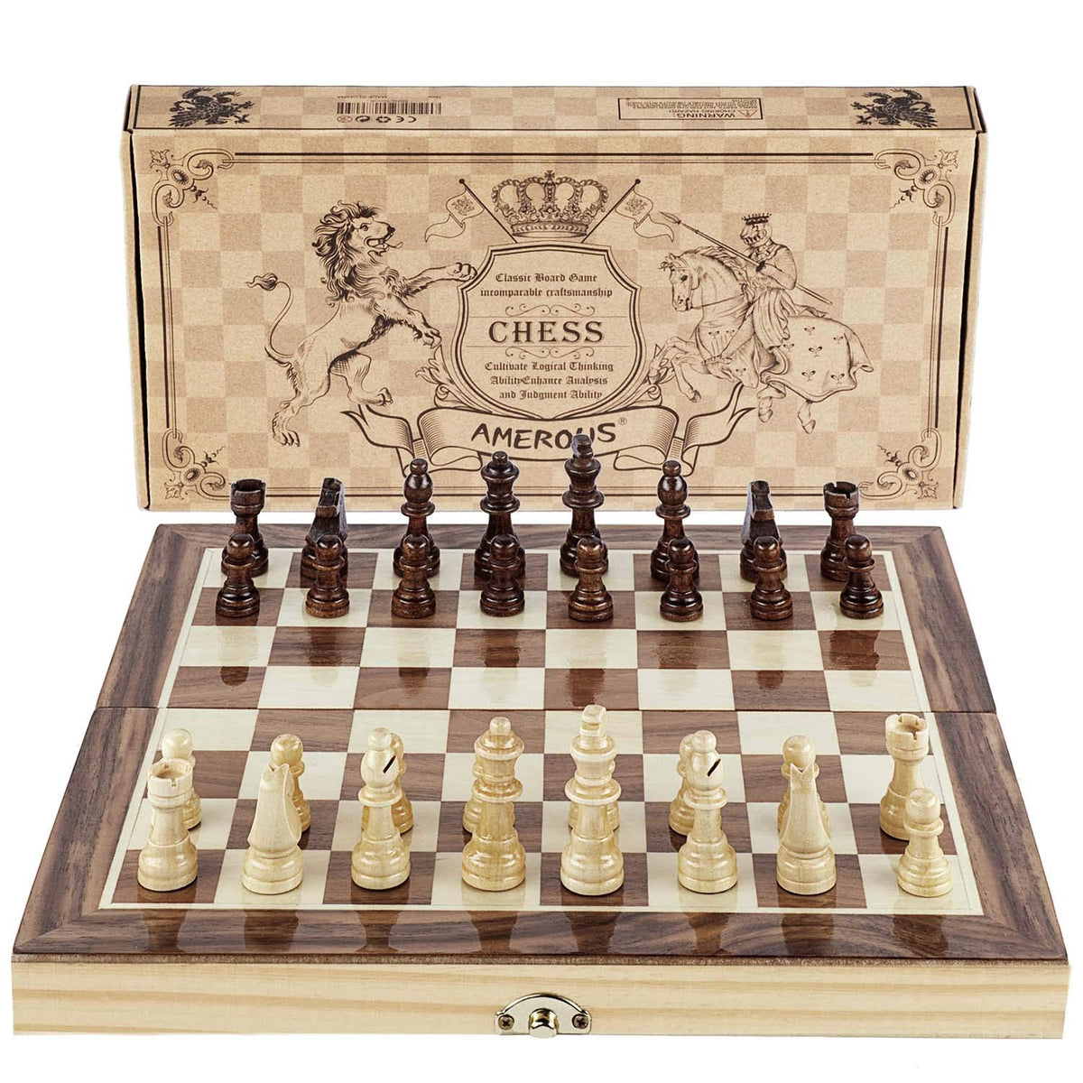 AMEROUS chess set 12x12 folding board for travel-ready play.