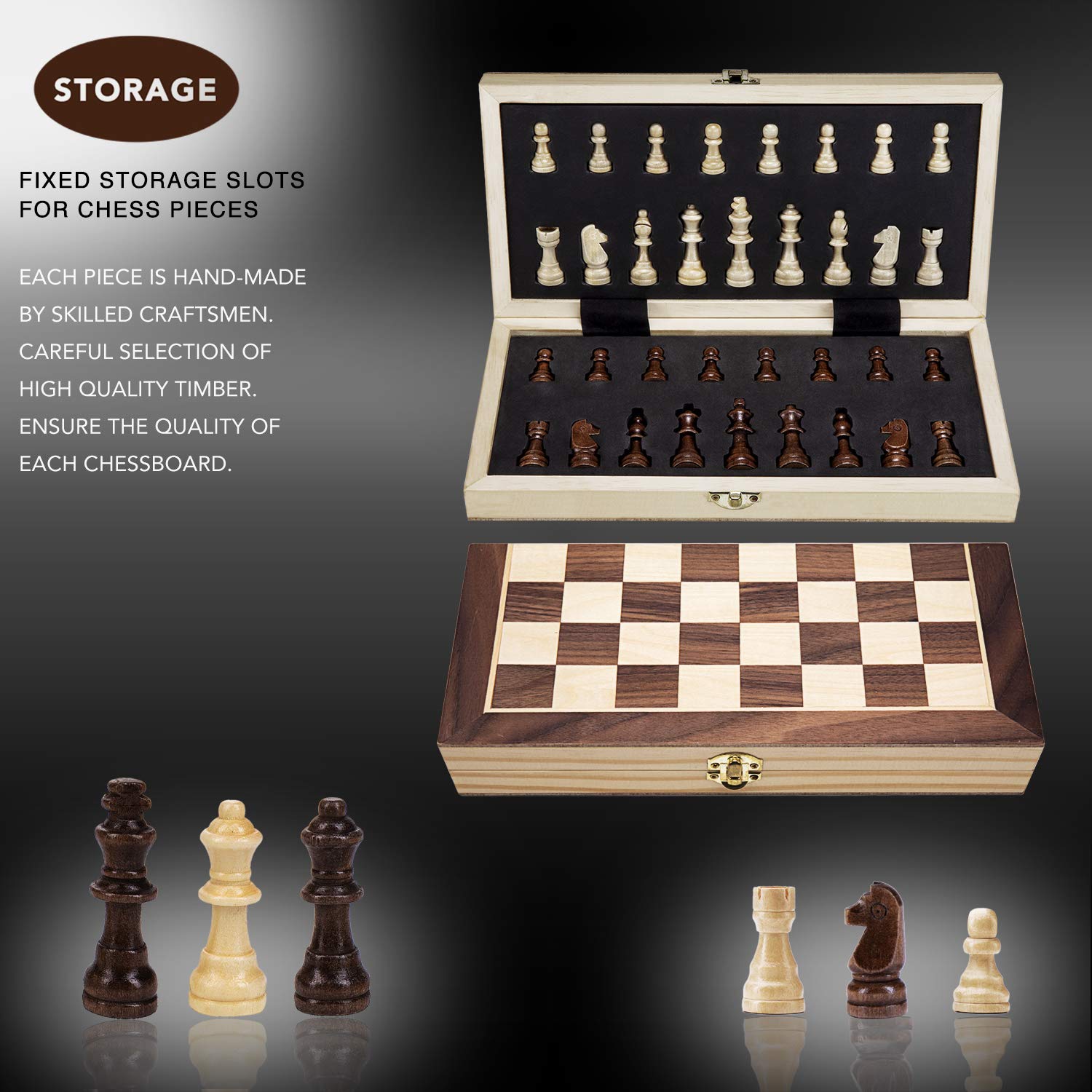 AMEROUS folding chess board with storage slots keeps pieces neat.