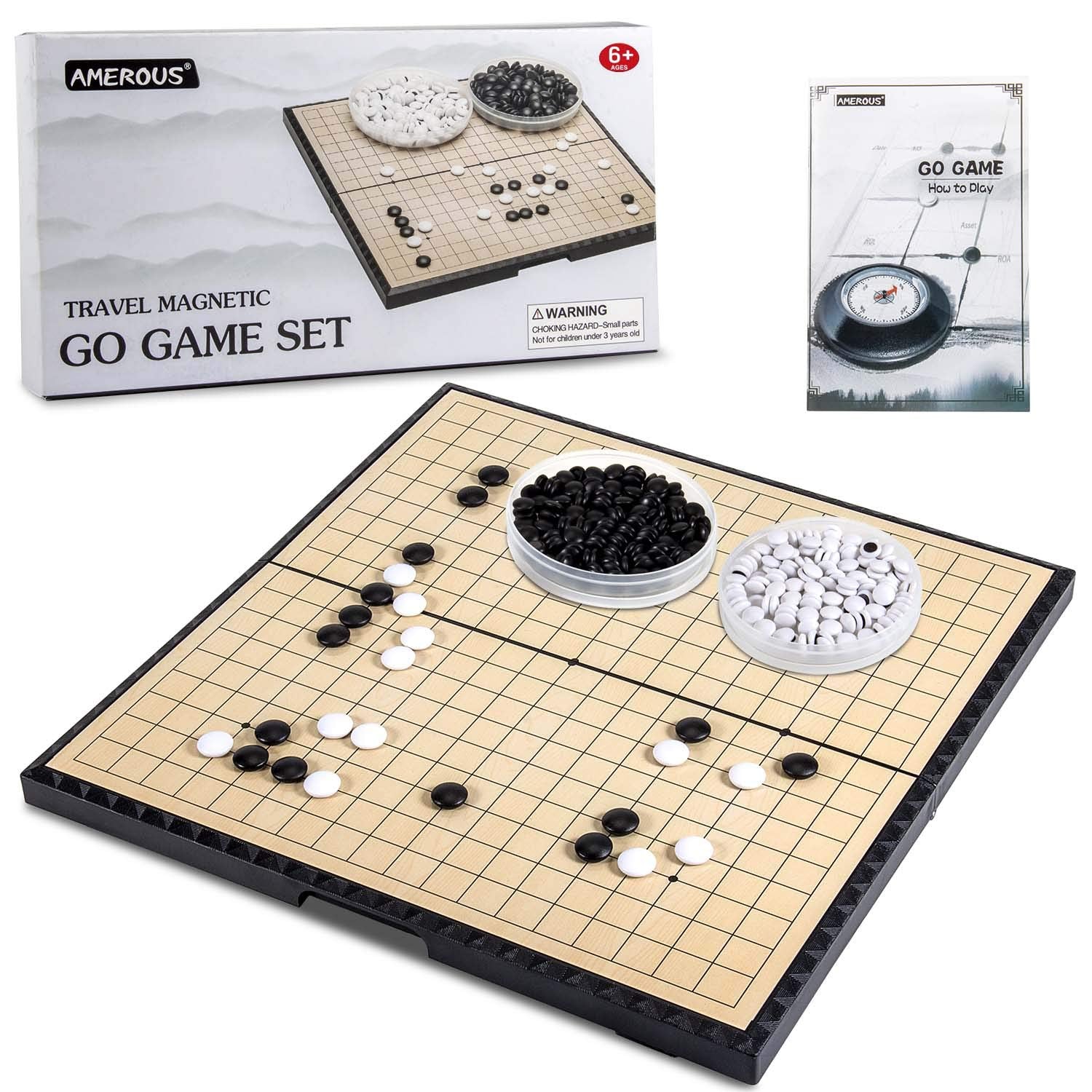 AMEROUS go-board opened for play, portable travel setup with 19x19 grid.