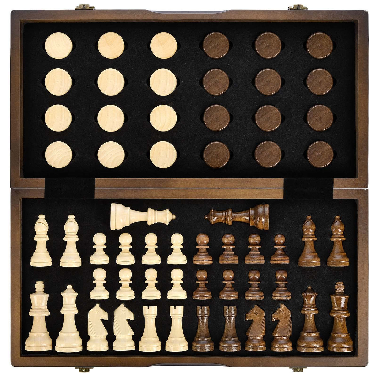 AMEROUS magnetic wooden chess board opened for on-the-go play with secure pieces