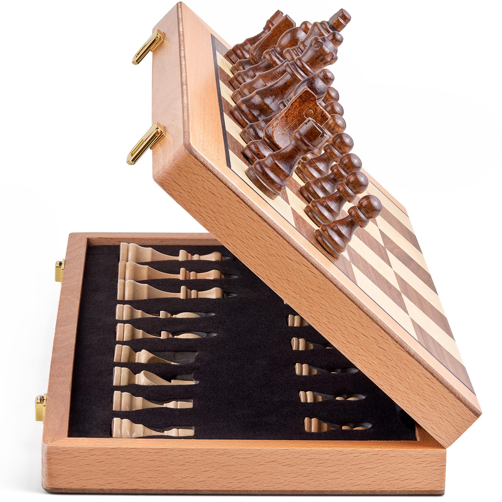 AMEROUS magnetic wooden chess set folding board prevents lost pieces during travel.