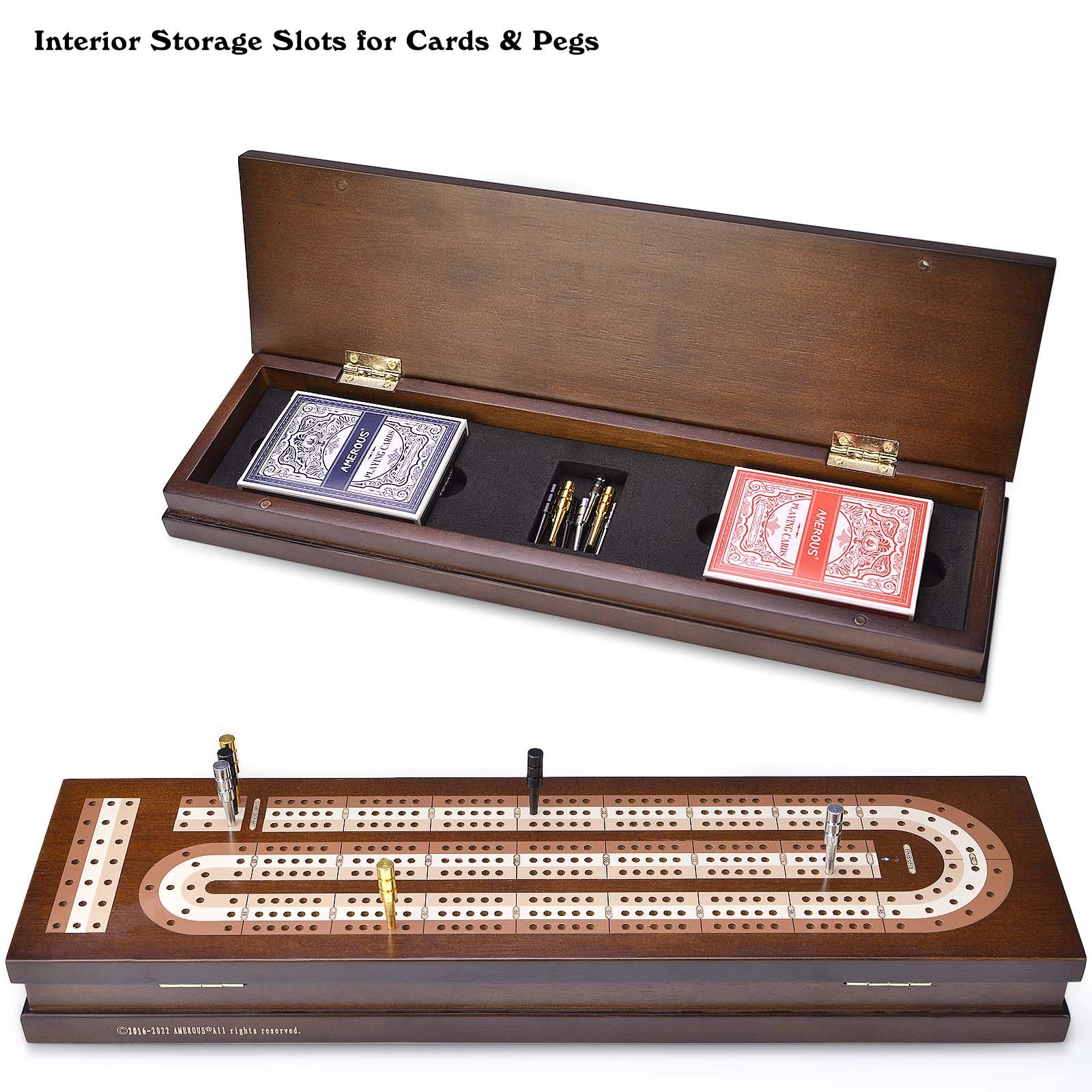 AMEROUS cribbage set with metal pegs and two card decks.
