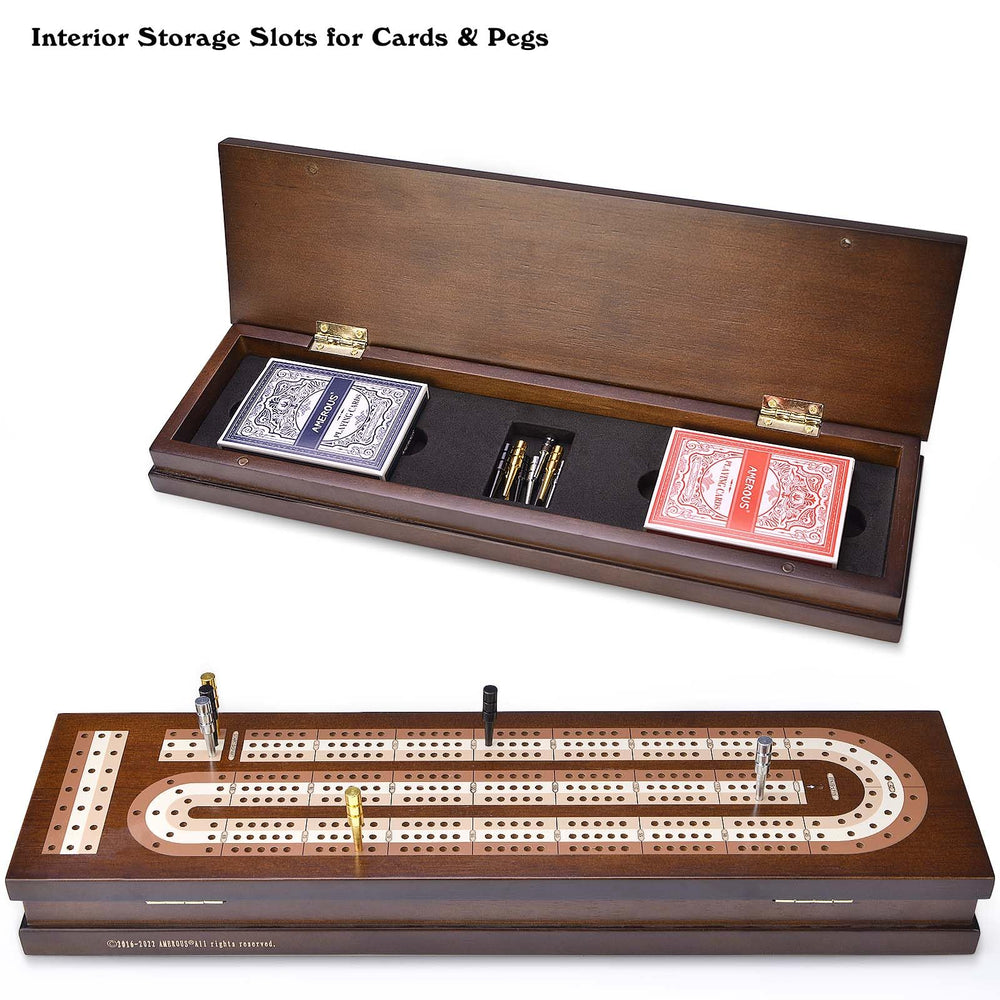 AMEROUS cribbage set with metal pegs and two card decks.