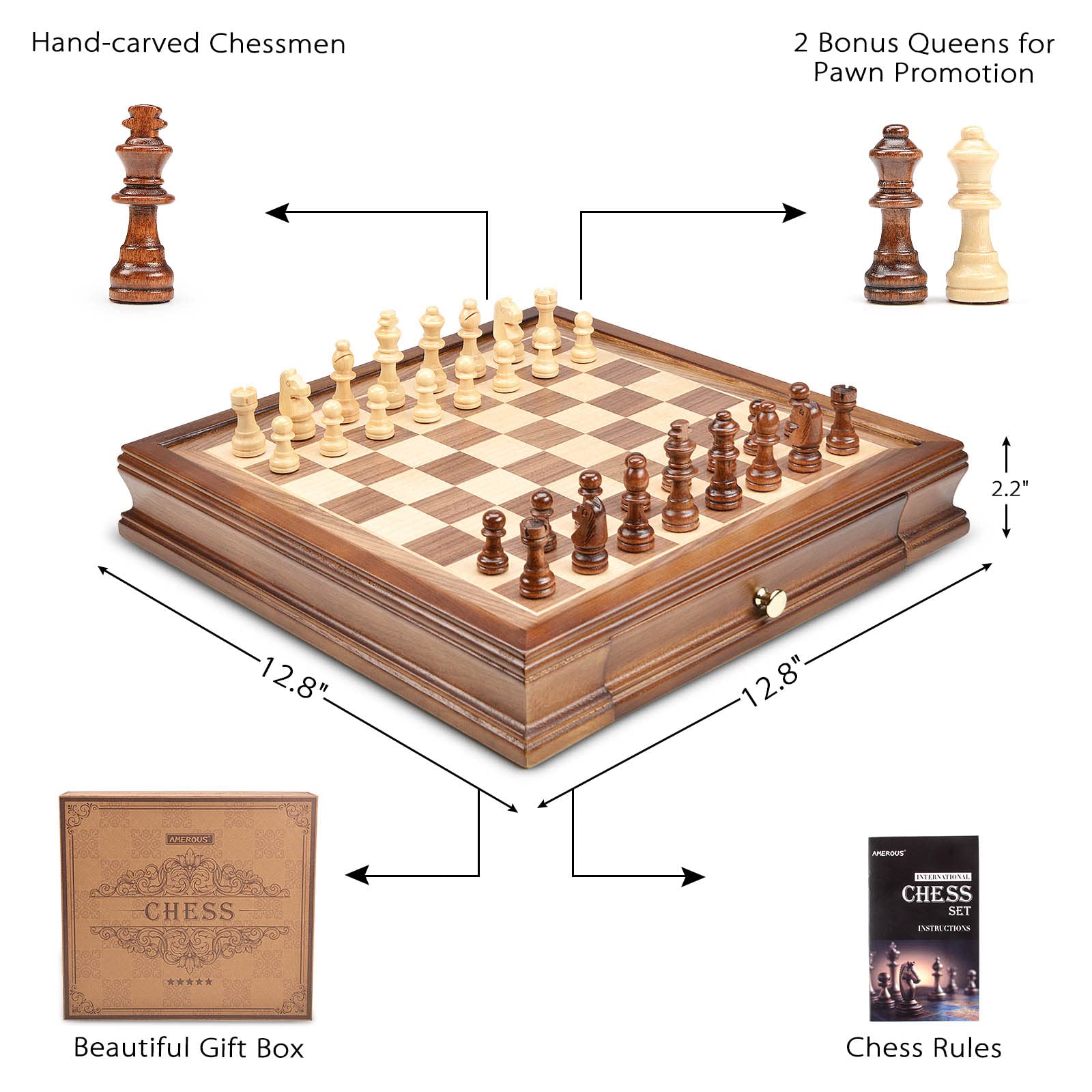 AMEROUS Staunton style chess pieces included for familiar play.