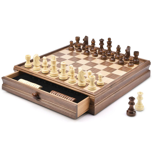 AMEROUS wooden chess board with drawer for organized play