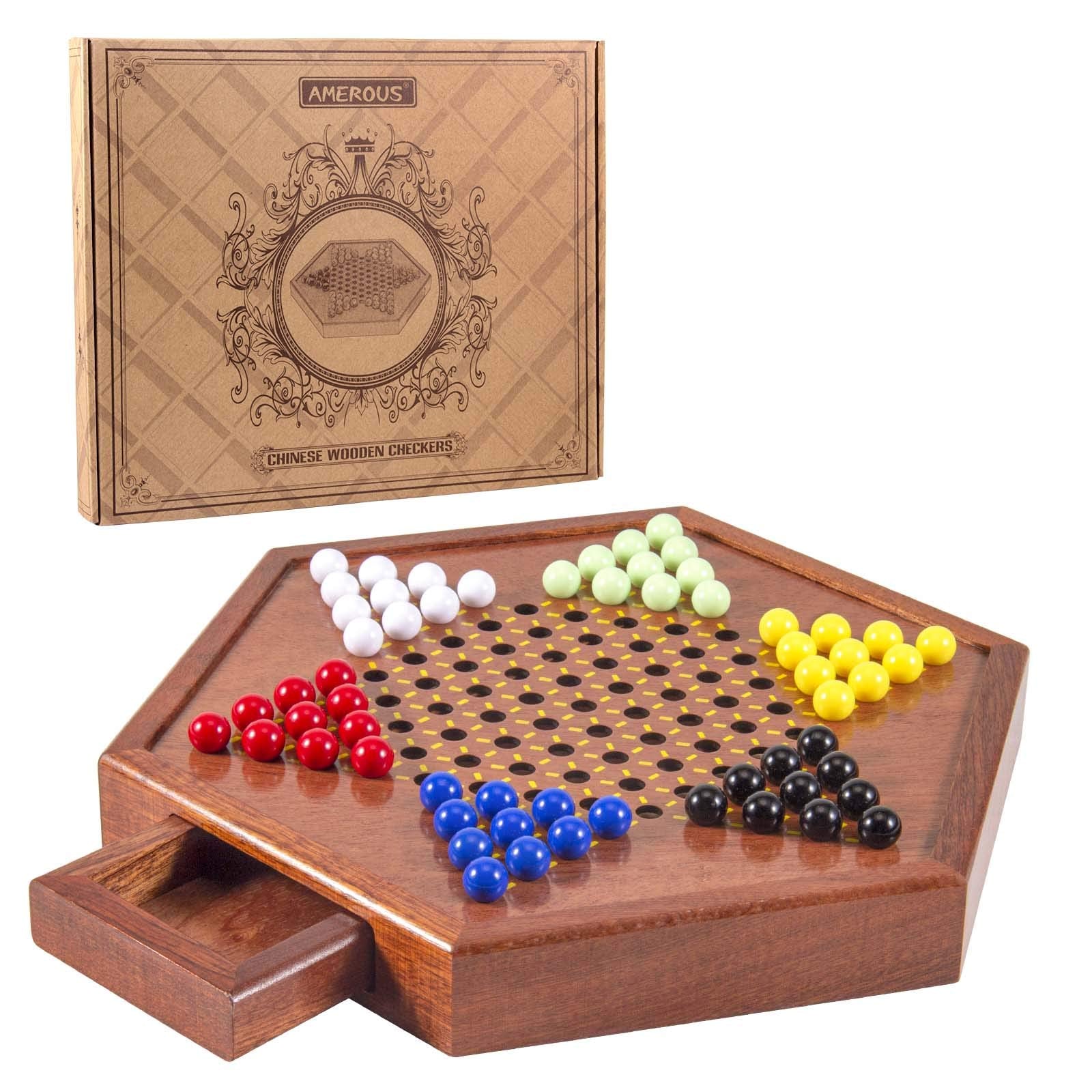 AMEROUS wooden Chinese Checkers board with smooth finish for family play.