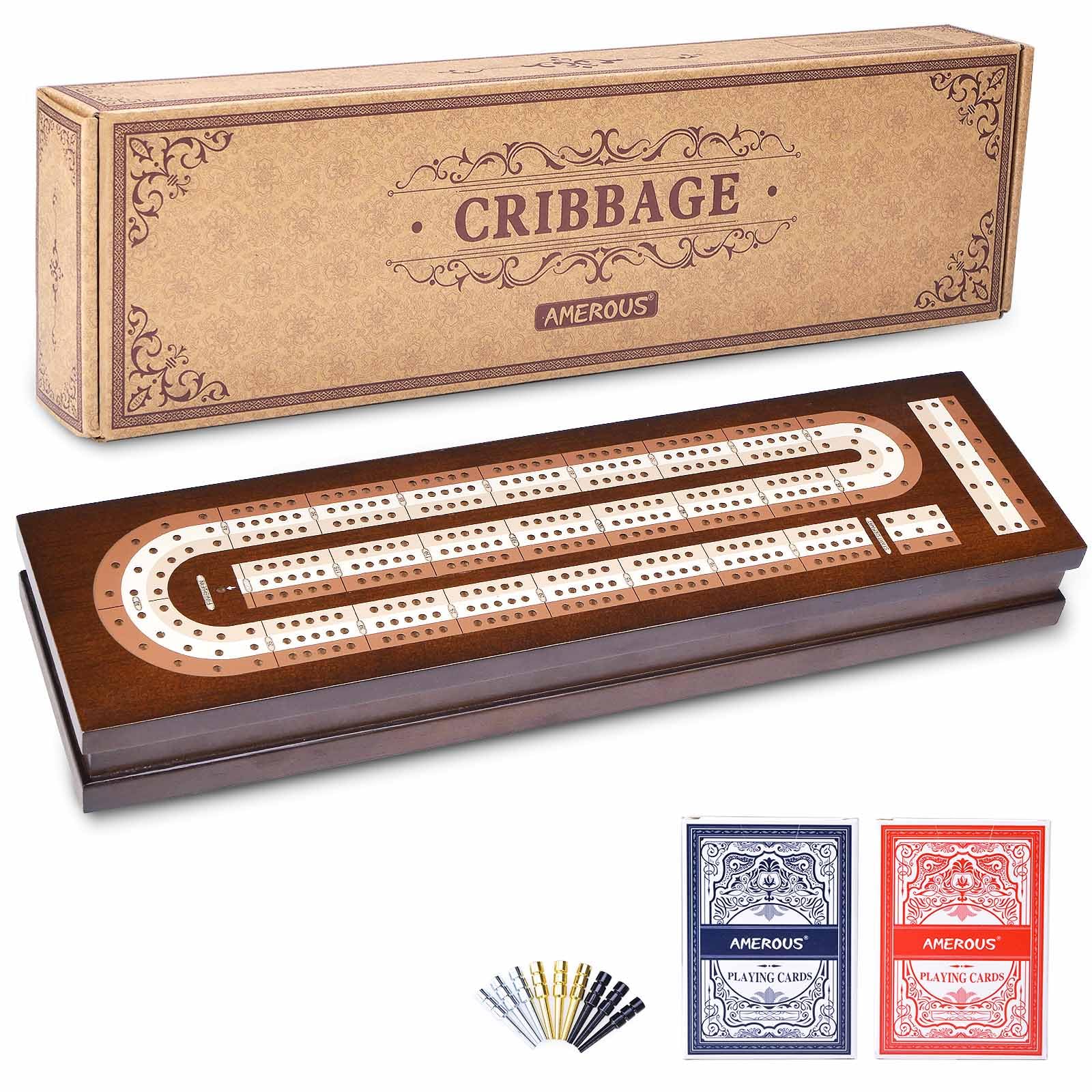 AMEROUS wooden cribbage board with magnetic lock for secure travel storage.