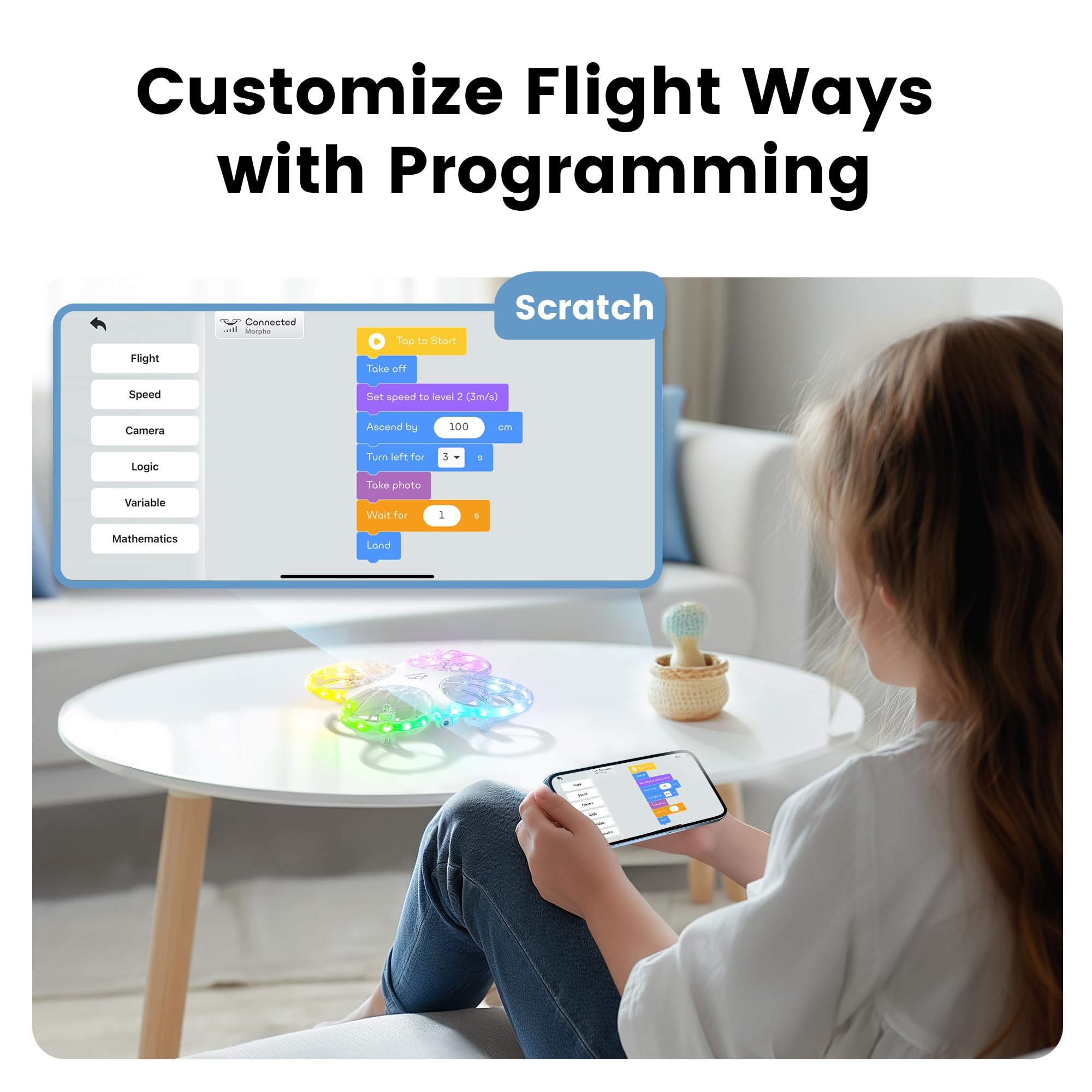 Ameta Morpho drone STEM app interface supports building blocks for interactive learning.