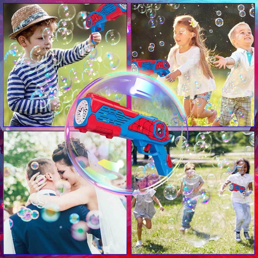 Refill bottles included with Amiabling bubble gun for continuous bubble fun outdoors.