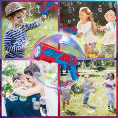 Refill bottles included with Amiabling bubble gun for continuous bubble fun outdoors.