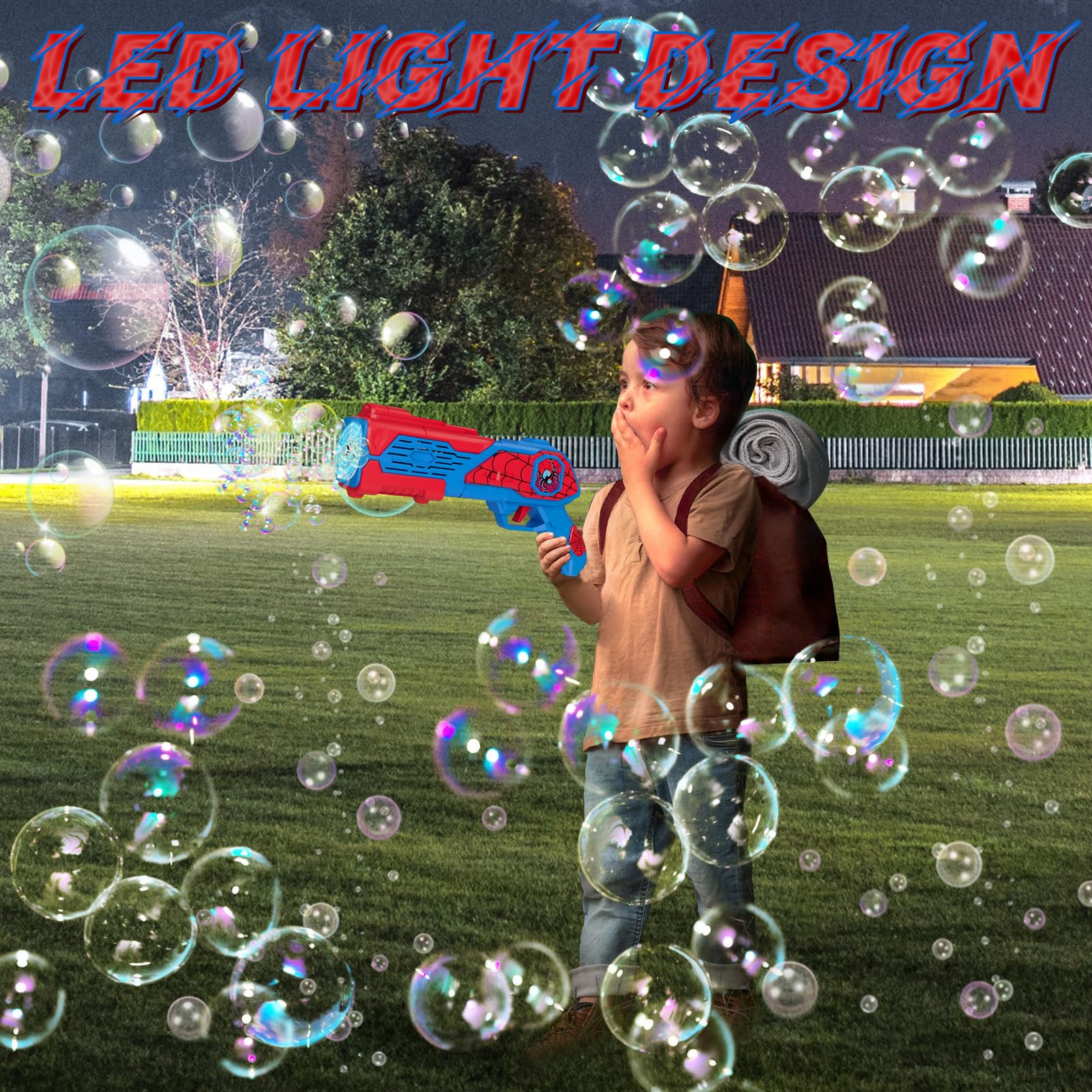 LED light show from Amiabling Spider-Bubble Gun illuminating evening play.